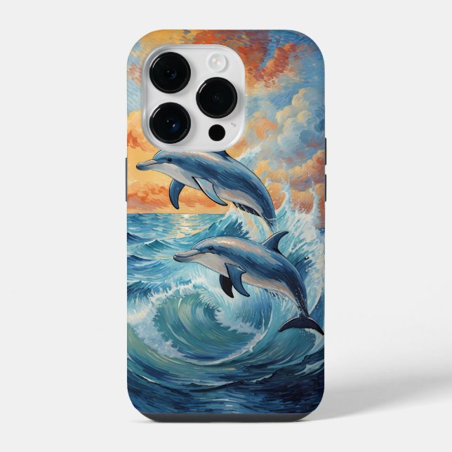 Artistic Two Jumping Dolphins Sunset Ocean  Iphone Case (Back)