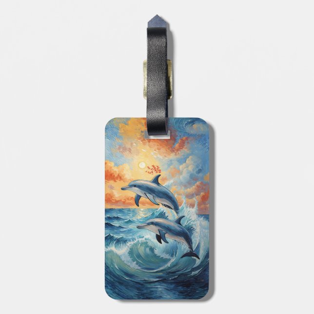 Artistic Two Jumping Dolphins Sunset Ocean  Luggage Tag (Back Vertical)