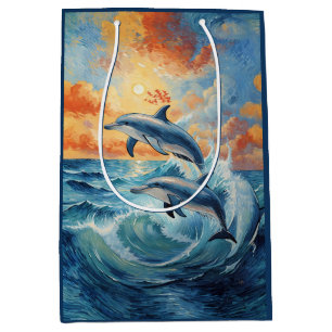 Artistic Two Jumping Dolphins Sunset Ocean Medium Gift Bag