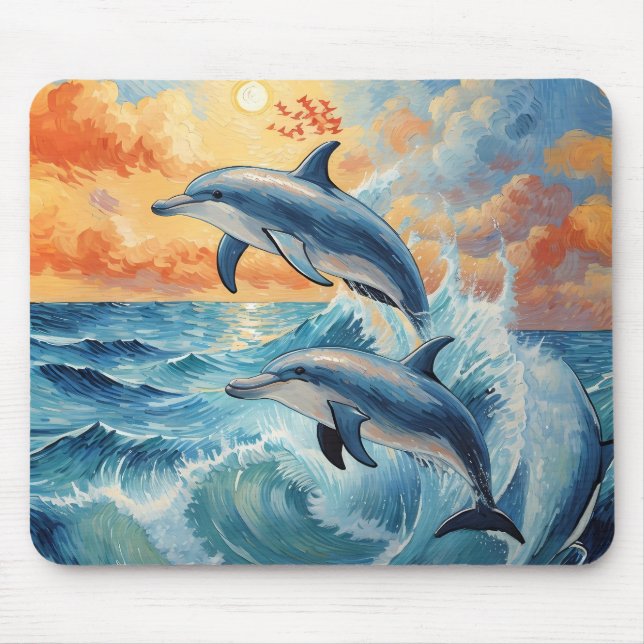 Artistic Two Jumping Dolphins Sunset Ocean  Mouse Pad (Front)