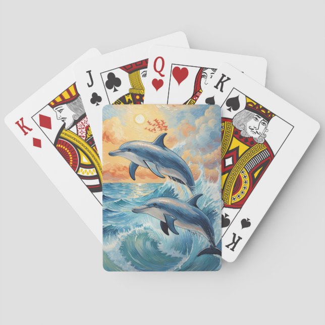 Artistic Two Jumping Dolphins Sunset Ocean  Poker Cards (Back)