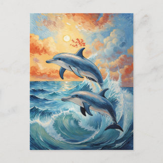 Artistic Two Jumping Dolphins Sunset Ocean Postcard
