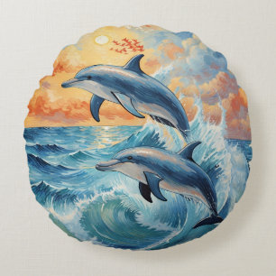 Artistic Two Jumping Dolphins Sunset Ocean Round Pillow