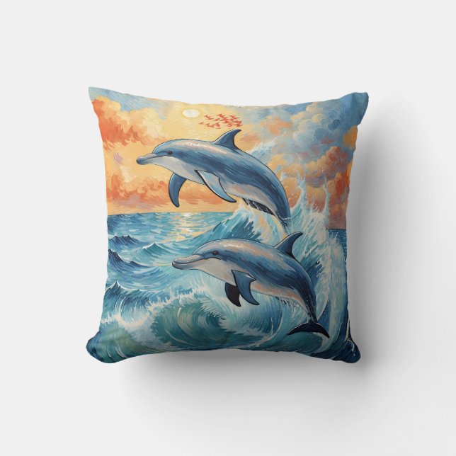 Artistic Two Jumping Dolphins Sunset Ocean  Throw Pillow (Front)