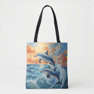 Artistic Two Jumping Dolphins Sunset Ocean Tote Bag