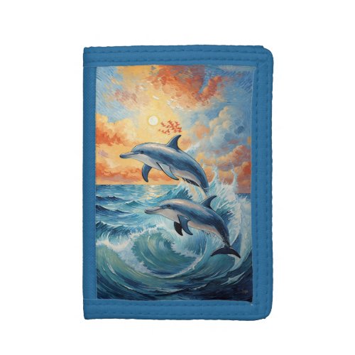 Artistic Two Jumping Dolphins Sunset Ocean  Trifold Wallet