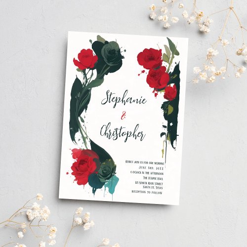 Artistic Unique Red Green Floral Wedding Invitation
