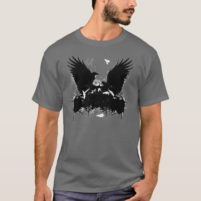 Artistic Urban Flying Graffitti Crows T-Shirt (Front)