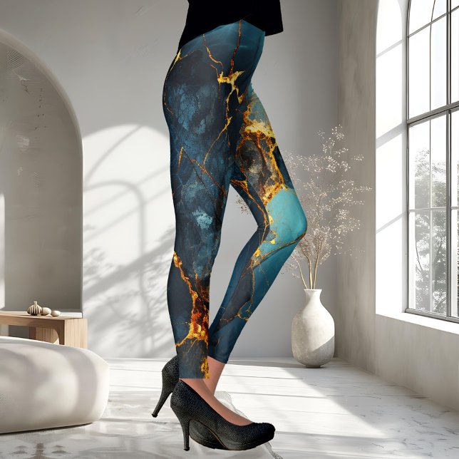 Artistic Veined Abstract Blue Ocher Leggings (Leggings featuring an abstract veined design in teal blue and warm ocher.)
