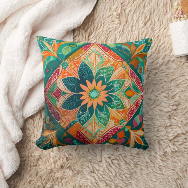 Artistic Vibrant Botanical Floral in Green Throw Pillow (Blanket)