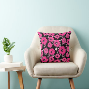 Artistic Vibrant Pink Flowers on Black Floral Throw Pillow