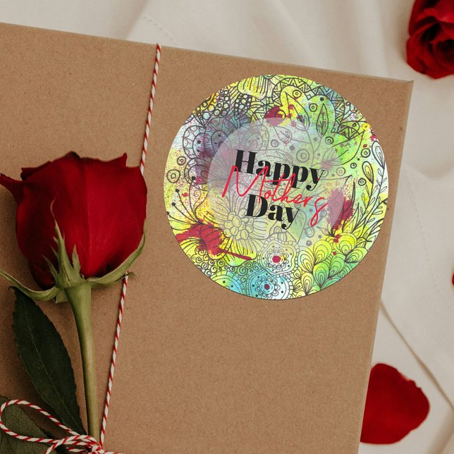 Artistic Vibrant Watercolor and Ink Mother's Day Classic Round Sticker (Creator Uploaded)