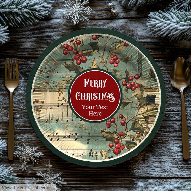Artistic vintage Christmas carols holly berries Paper Plates (Artistic vintage Christmas carols holly berries Paper Plates)