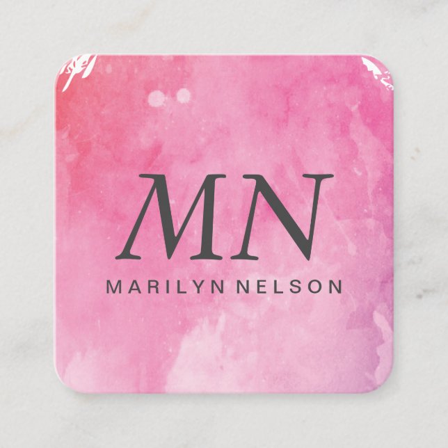 Artistic Water Color Monogram Square Business Card (Front)