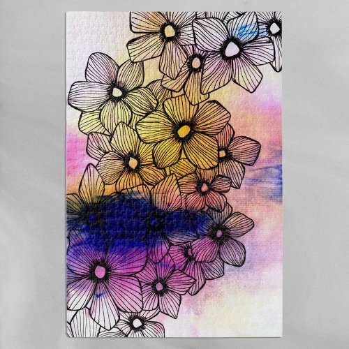 Artistic Watercolor and Ink Blooming Flowers Jigsaw Puzzle