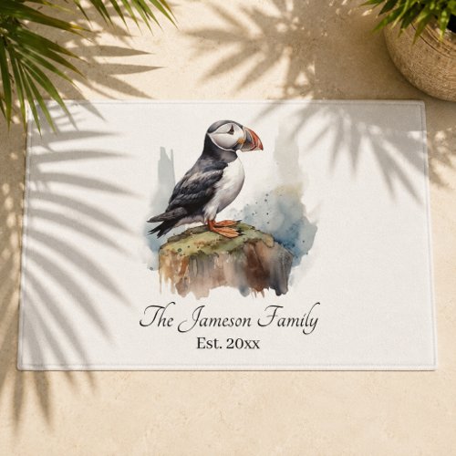Artistic Watercolor Atlantic Puffin Coastal Marine Doormat