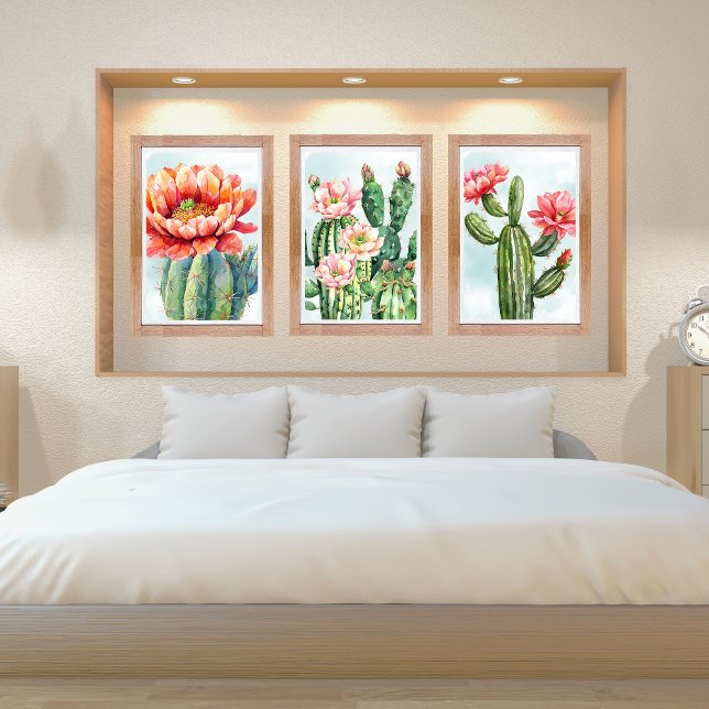 Artistic Watercolor Blossoming Cactus Wall Art Sets (Watercolor Blossoming Cactus Wall Art Cacti Prints for Home or Office)