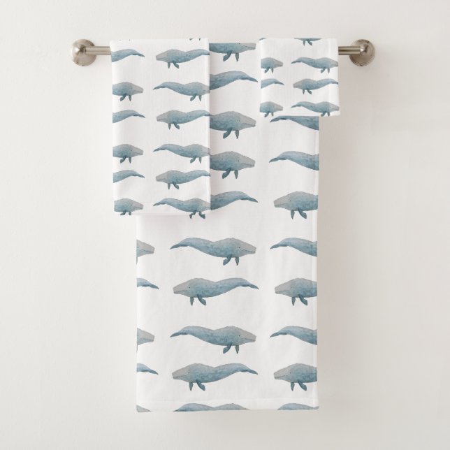 Artistic Watercolor Blue Whale Bath Towel Set (Insitu)
