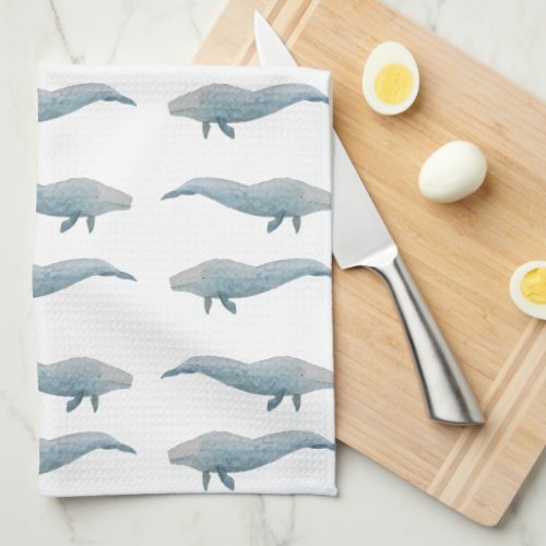 Artistic Watercolor Blue Whales Kitchen Towel