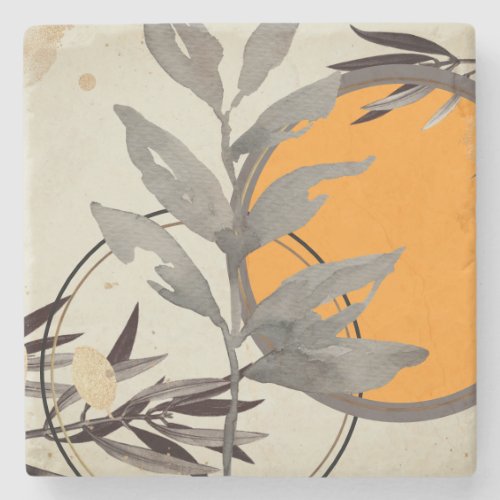 Artistic Watercolor Botanical  Orange  Gray Stone Coaster