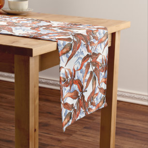 Artistic Watercolor Brown and Blue Leaves Pattern Short Table Runner
