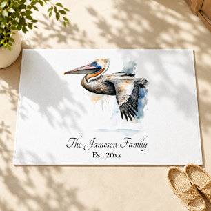 Artistic Watercolor Coastal Flying Sea Pelican Doormat
