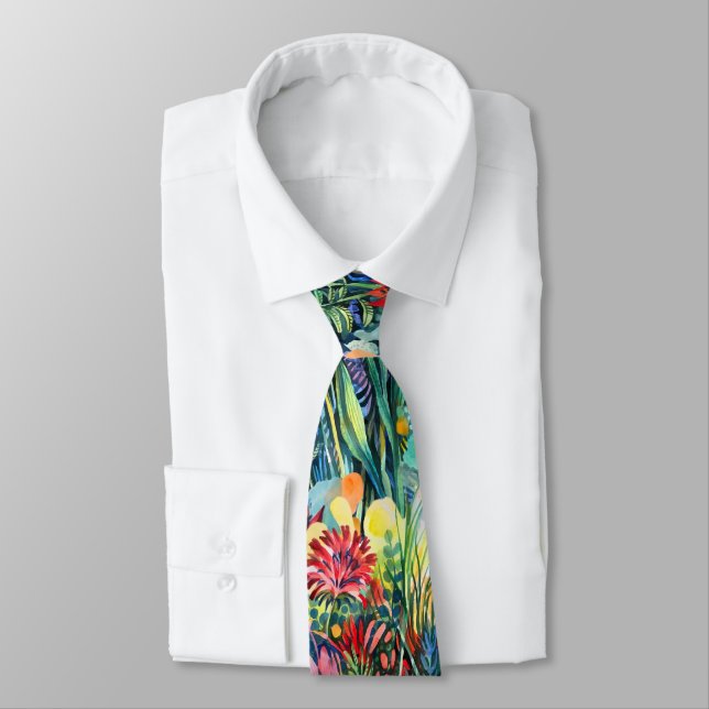 Artistic Watercolor Flower Garden Tie (Tied)