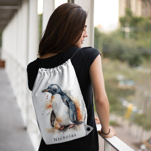 Artistic Watercolor Gentoo Penguin Monogram Drawstring Bag