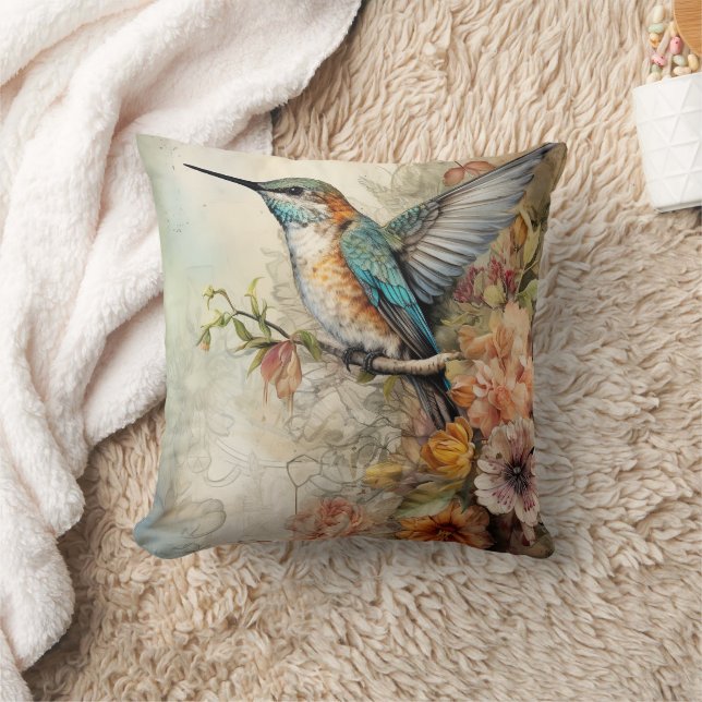 Artistic Watercolor Hummingbird Throw Pillow (Blanket)