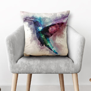 Artistic Watercolor Hummingbird Throw Pillow
