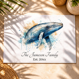 Artistic Watercolor Humpback Whale Coastal Ocean Doormat