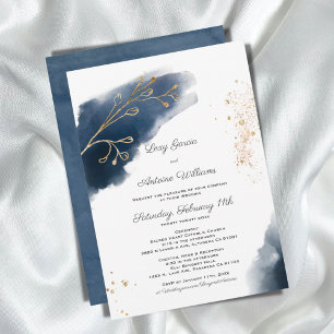 Artistic Watercolor Ink Navy Blue Gold Wedding Invitation