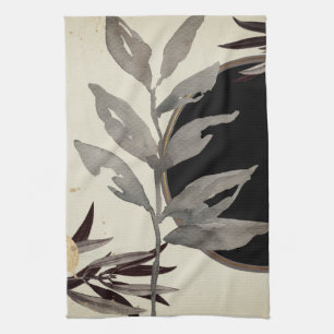 Artistic Watercolor Leaves   Black & Ivory Kitchen Towel
