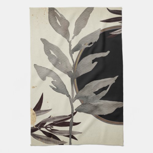 Artistic Watercolor Leaves  Black  Ivory Kitchen Towel