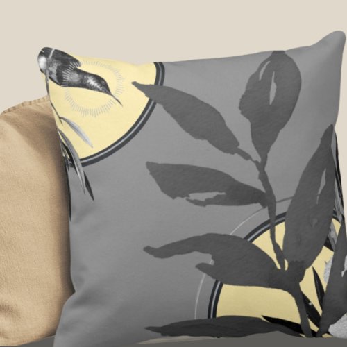Artistic Watercolor Leaves  Dark Gray  Yellow Throw Pillow