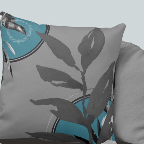 Artistic Watercolor Leaves  Gray  Turquoise Throw Pillow