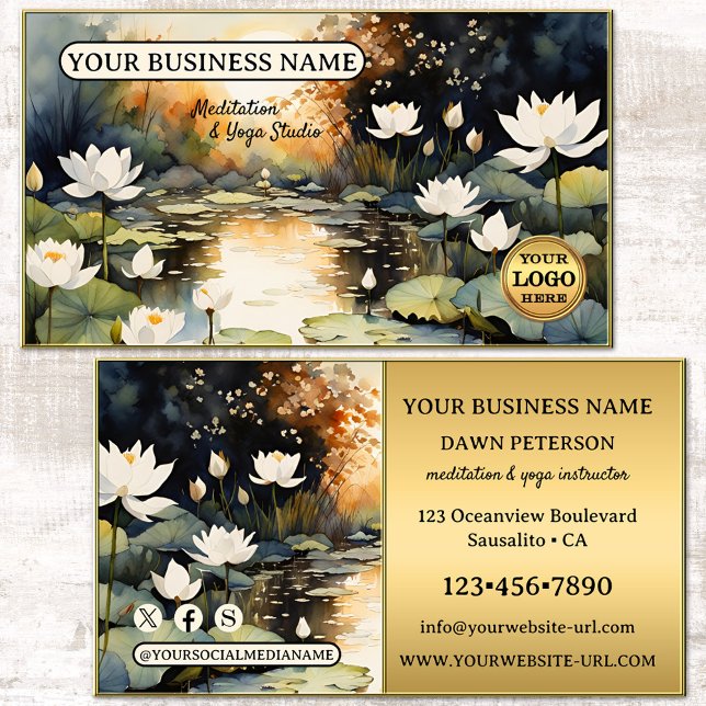 Artistic Watercolor Lotus Meditation Yoga Business Card (Meditation yoga business card featuring watercolor lotus flowers with gold - logo - social media)