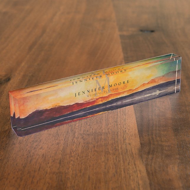 Artistic Watercolor Mountain Landscape Monogrammed Desk Name Plate (Side)
