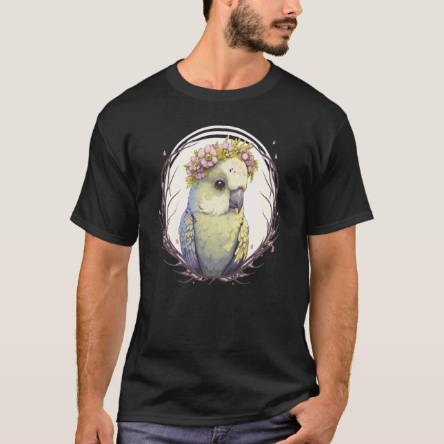 Artistic Watercolor Parakeet Bird Flower Crown Pet T-Shirt (Front)