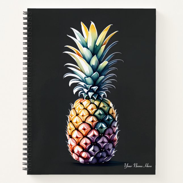 Artistic Watercolor Pineapple - Black Background Notebook (Front)