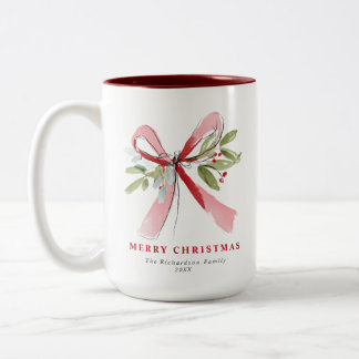 Artistic Watercolor Pink Bow Mistletoe Christmas Two-Tone Coffee Mug