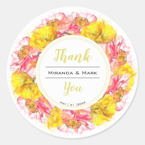 Artistic Watercolor Poppy Wedding Wreath Thank You Classic Round Sticker
