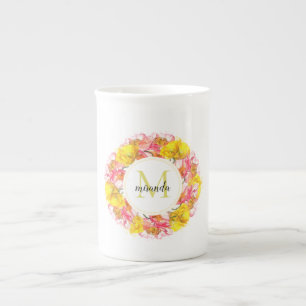 Artistic Watercolor Poppy Wreath Monogram Bone China Mug