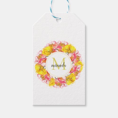 Artistic Watercolor Poppy Wreath Monogram Gift Tags