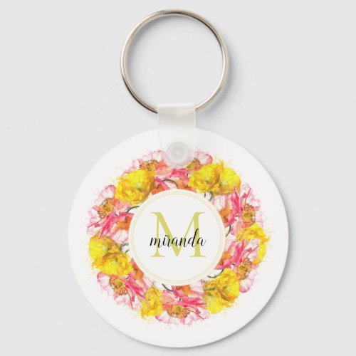 Artistic Watercolor Poppy Wreath Monogram Keychain