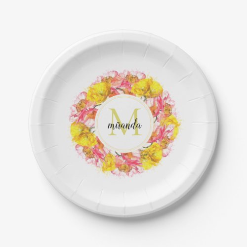 Artistic Watercolor Poppy Wreath Monogram Paper Plates