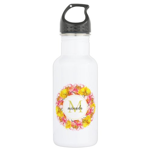 Artistic Watercolor Poppy Wreath Monogram Stainless Steel Water Bottle