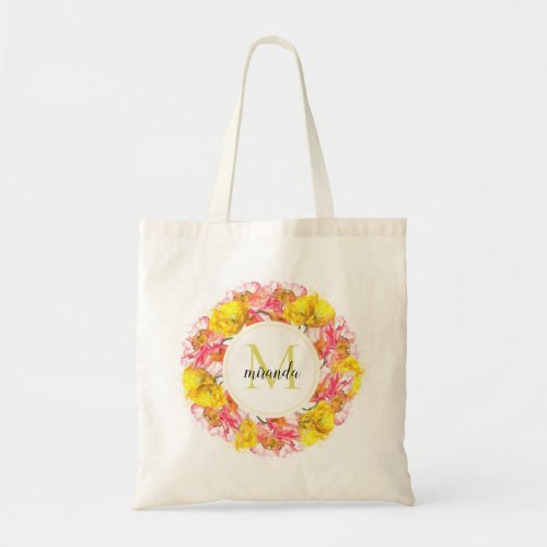 Artistic Watercolor Poppy Wreath Monogram Tote Bag