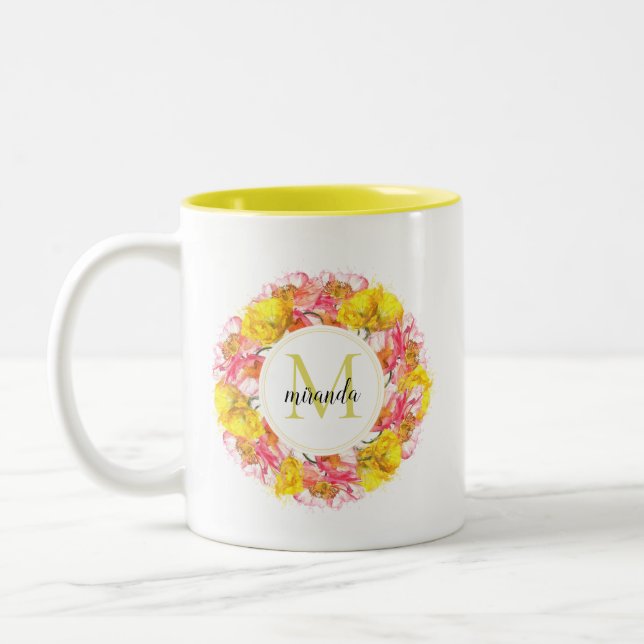 Artistic Watercolor Poppy Wreath Monogram Two-Tone Coffee Mug (Left)