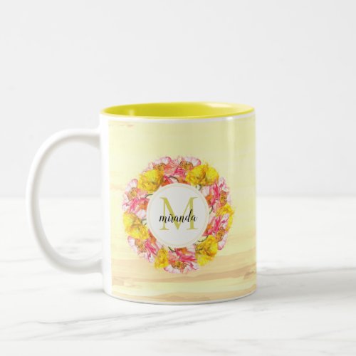 Artistic Watercolor Poppy Wreath Monogram Two_Tone Coffee Mug